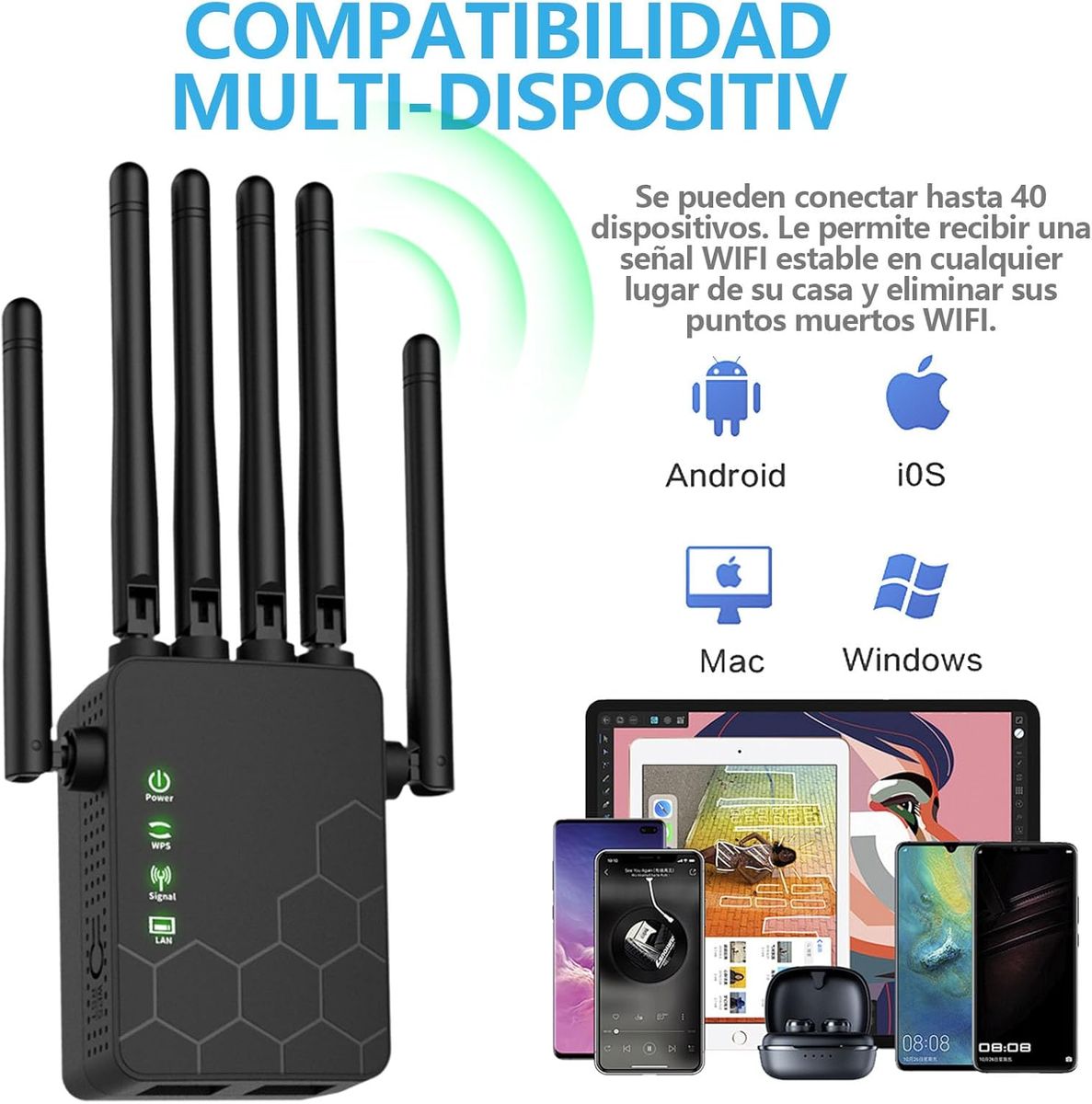 Generico WLAN-Repeater, 6 High-Gain-Antennen, 2x LAN-Anschlüsse, Repeater & AP, 2,4 GHz 300 Mbit/s, WLAN-Extender, EU Stecker Typ C