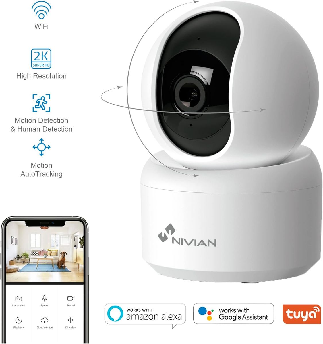 NIVIAN NVS-IPC-IS4 WLAN Innenkamera 360° SuperHD 2K, Nachtsicht, Zwei-Wege-Audio, Menschenerkennung & Auto-Tracking, MicroSD (nicht enthalten), Weiß, EU