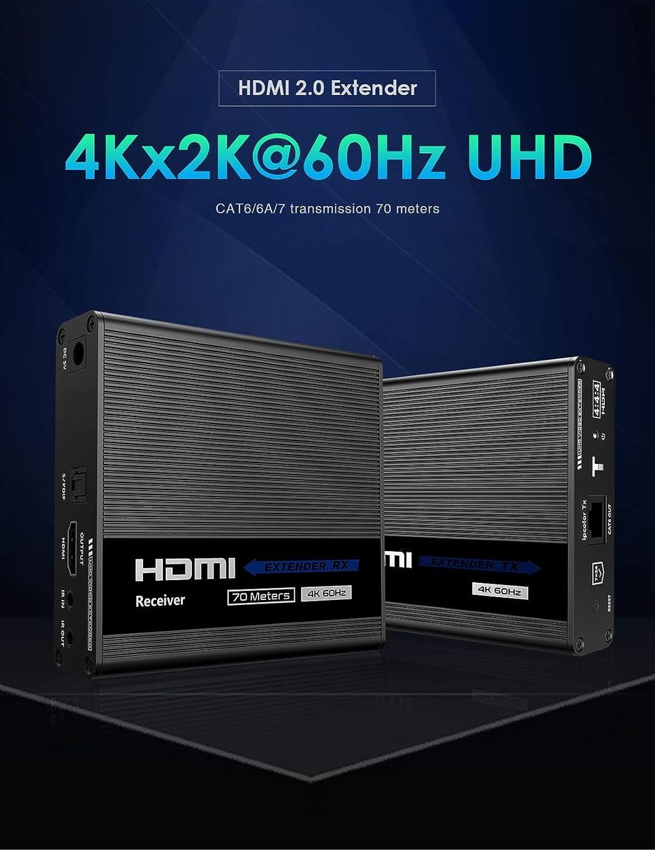 PremiumCord 4K HDMI Extender auf 70 m über Patchkabel Cat6 / Cat6A / Cat7, IR-Sender und -Empfänger, HDMI 2.0, ARC, Videoauflösung Ultra HD 4K @ 60Hz