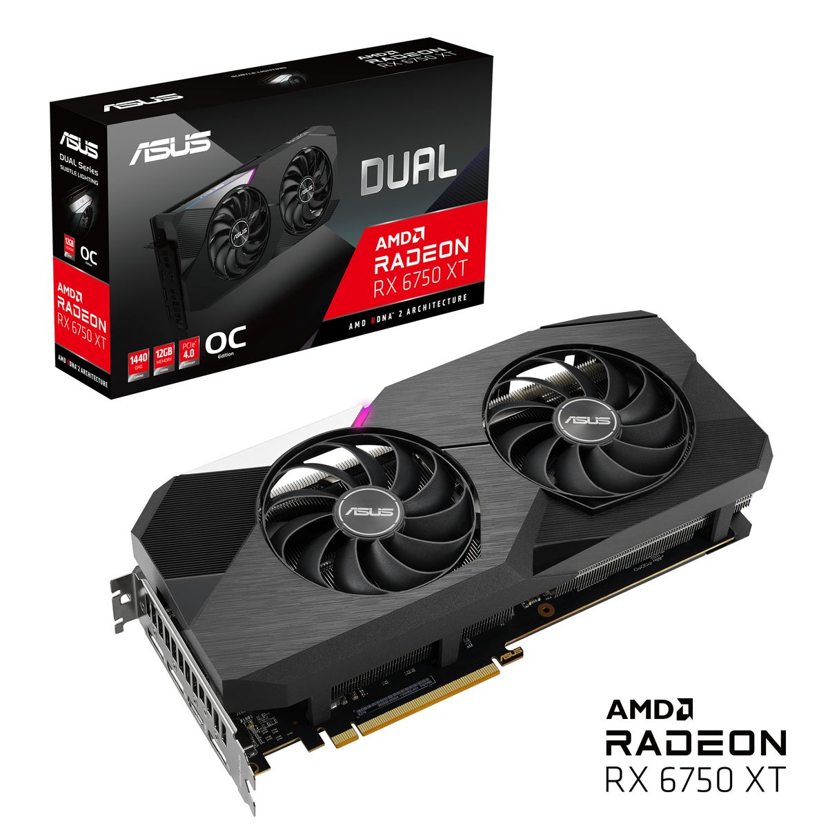 ASUS Dual RX 6750 XT O12G Grafikkarte, AMD Radeon RX 6750 XT 12GB GDDR6, PCIe 4.0, HDMI 2.1, DisplayPort 1.4a, 2x8-pin, 2 Lüfter, 2,7 Slots