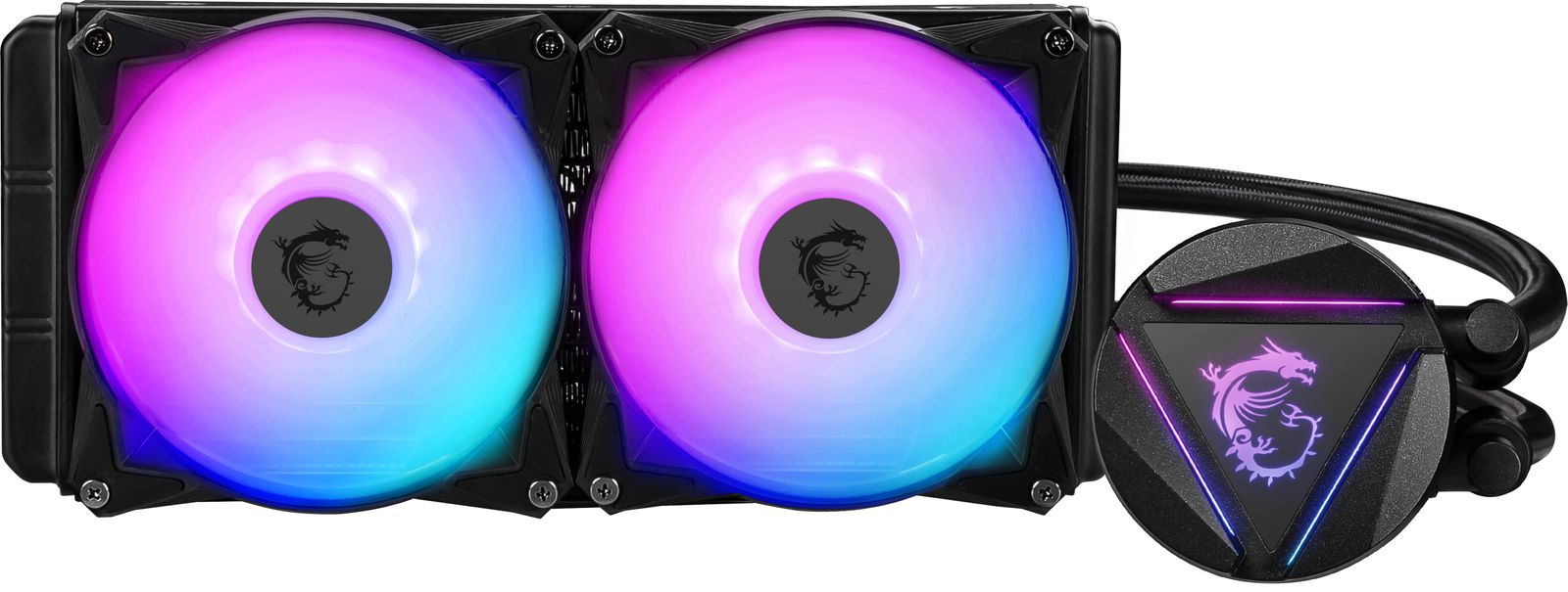MSI MAG-CRLQD-240R2 240 mm AiO Wasserkühlung, 2x 120 mm Lüfter, RGB (Blau/Pink), 4200 RPM Pumpe, 12 V, Schwarz