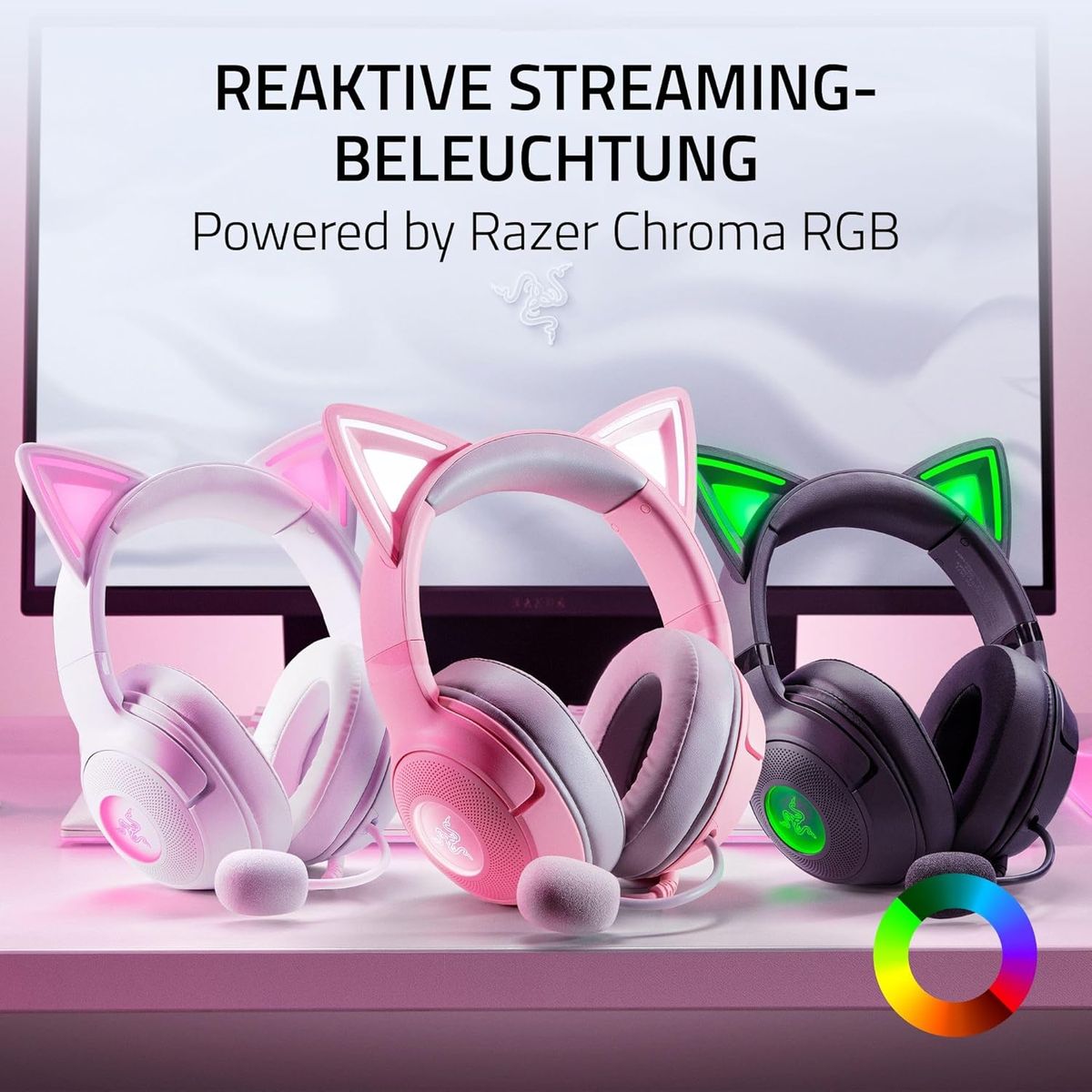 Razer Kraken Kitty V2 - Kabelgebundenes RGB-Headset mit Kitty Ohren für Gaming und Streaming (325 g, Triforce 40 mm Treiber, HyperClear Cardioid Mic, Surround Sound) Weiß