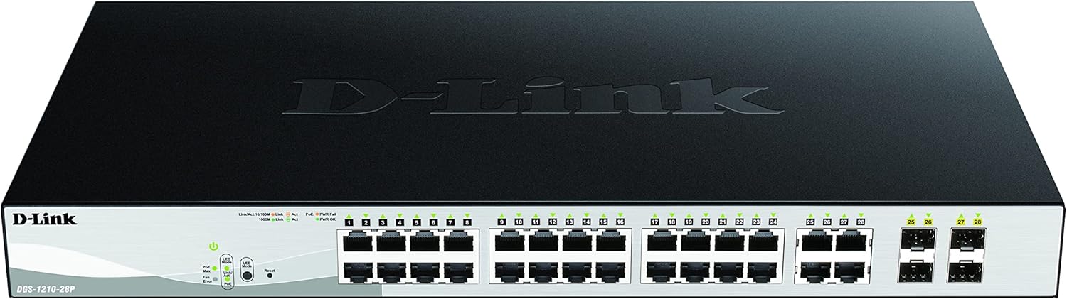 D-Link DGS-1210-28P/E 28-Port Smart Managed PoE Gigabit Switch, 24x 10/100/1000 Mbit/s PoE, 4x TP/SFP Combo, 193W PoE-Kapazität, lüfterlos, 1U Rack, EU
