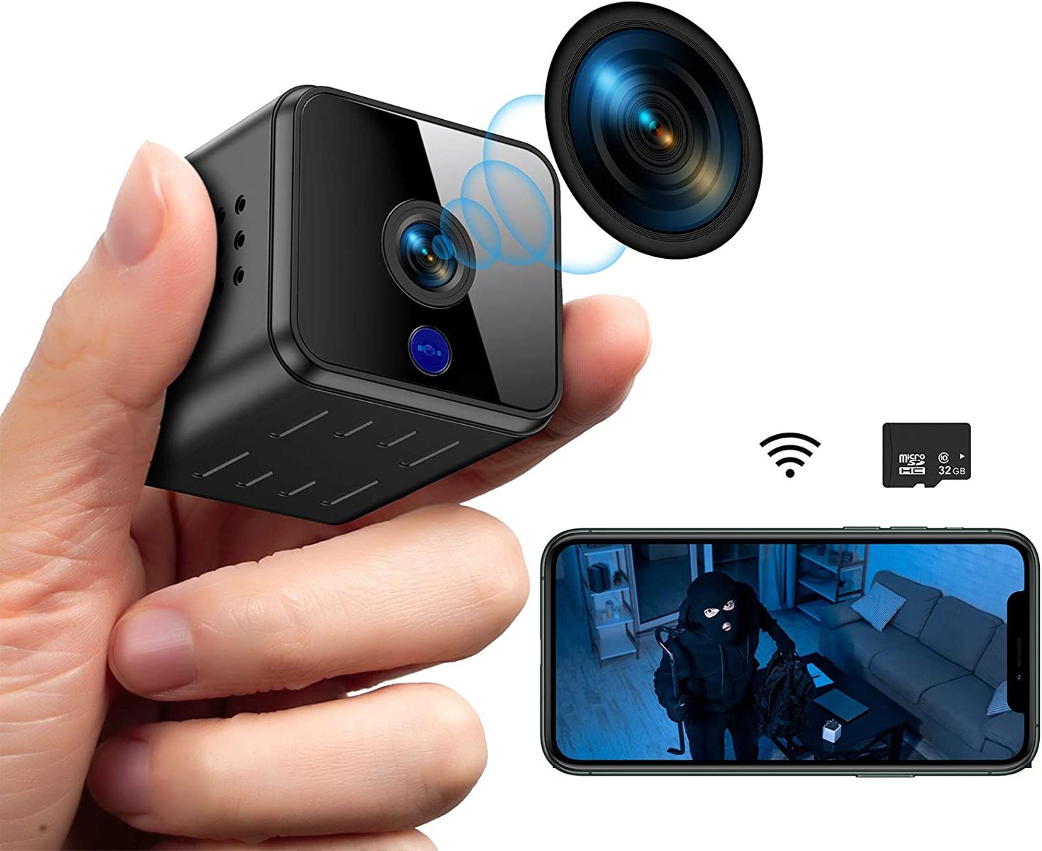 Aabeloy Mini Kamera, Full HD 1080P Tragbare Kleine WLAN Überwachungskamera mit Bewegungserkennung und Infrarot Nachtsicht Compact Sicherheit Kamera für Innen und Aussen mit Einer 32G SD-Karte