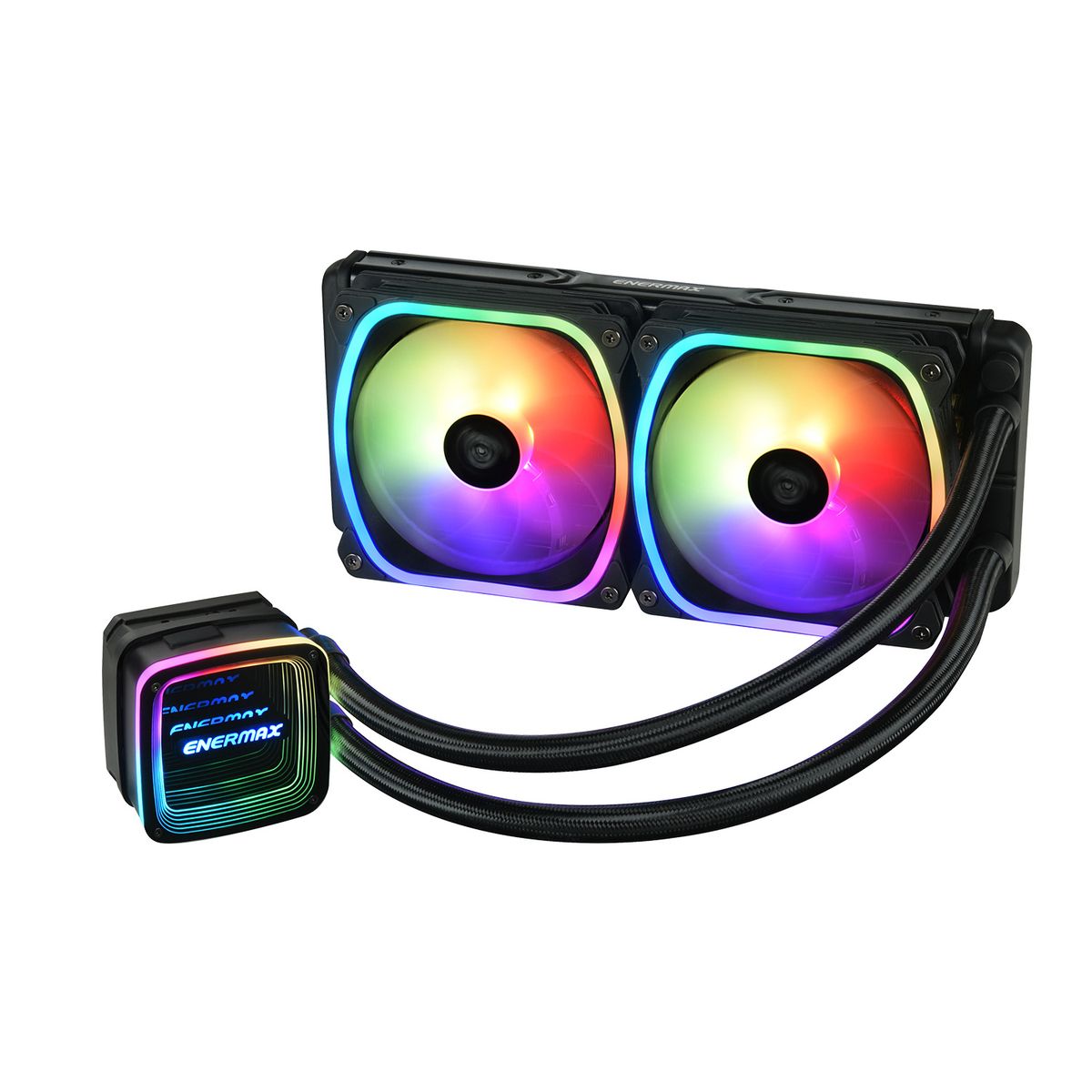 Enermax ELC-AQFA240-SQA AIO Flüssigkeitskühlung 240 mm, 2x 120 mm Lüfter, RGB, PWM, 360 W TDP, Schwarz, kompatibel mit LGA1700/AM5