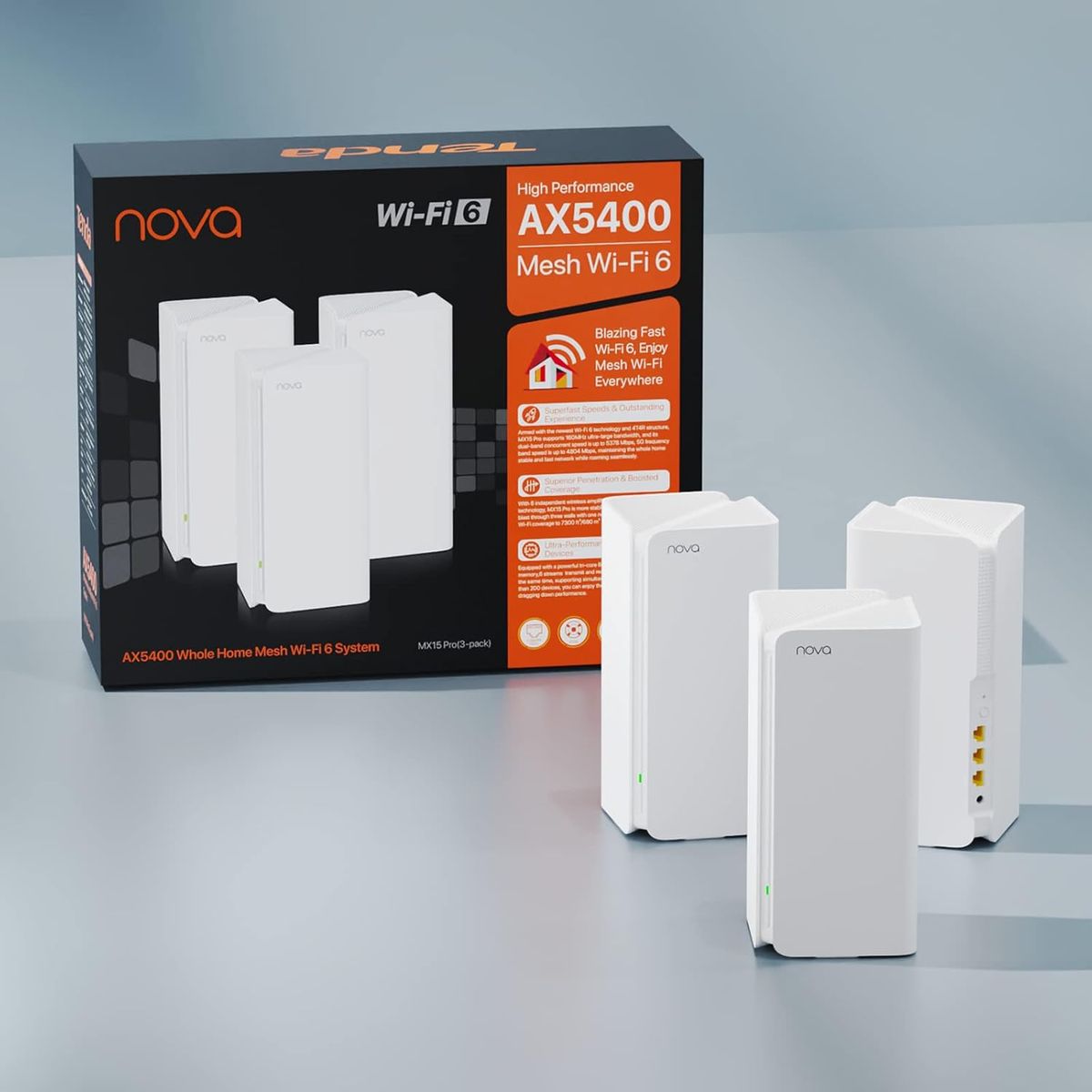 Tenda Nova MX15-Pro Mesh WLAN WiFi 6 System-AX5400 Dualband WLAN Mesh WiFi 6 System, empfohlen für Häuser mit 4-6 Schlafzimmern, 9*Gigabit Port–Ersetzt Router & Repeater–Kompatibel Mit Alexa, 3Pack MX15 Pro/AX5400 3er Pack