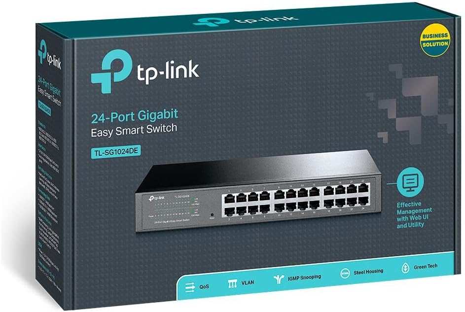 TP-Link TL-SG1024DE 24-Port Gigabit Easy-Smart-Switch, Managed L2, 1U Rack, AC-Netzteil, VLAN, QoS, Energieeffizient (UN) V3.0