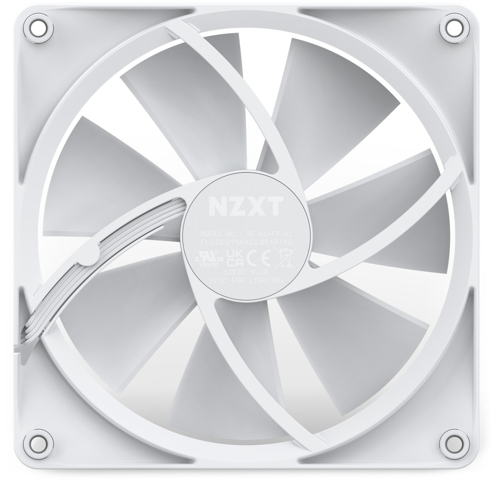 NZXT RF-R14SF-W1 F140 RGB Gehäuselüfter 140 mm, RGB LED, Fluiddynamisches Lager (FDB), 1800 RPM, 12 V, Weiß, 1er