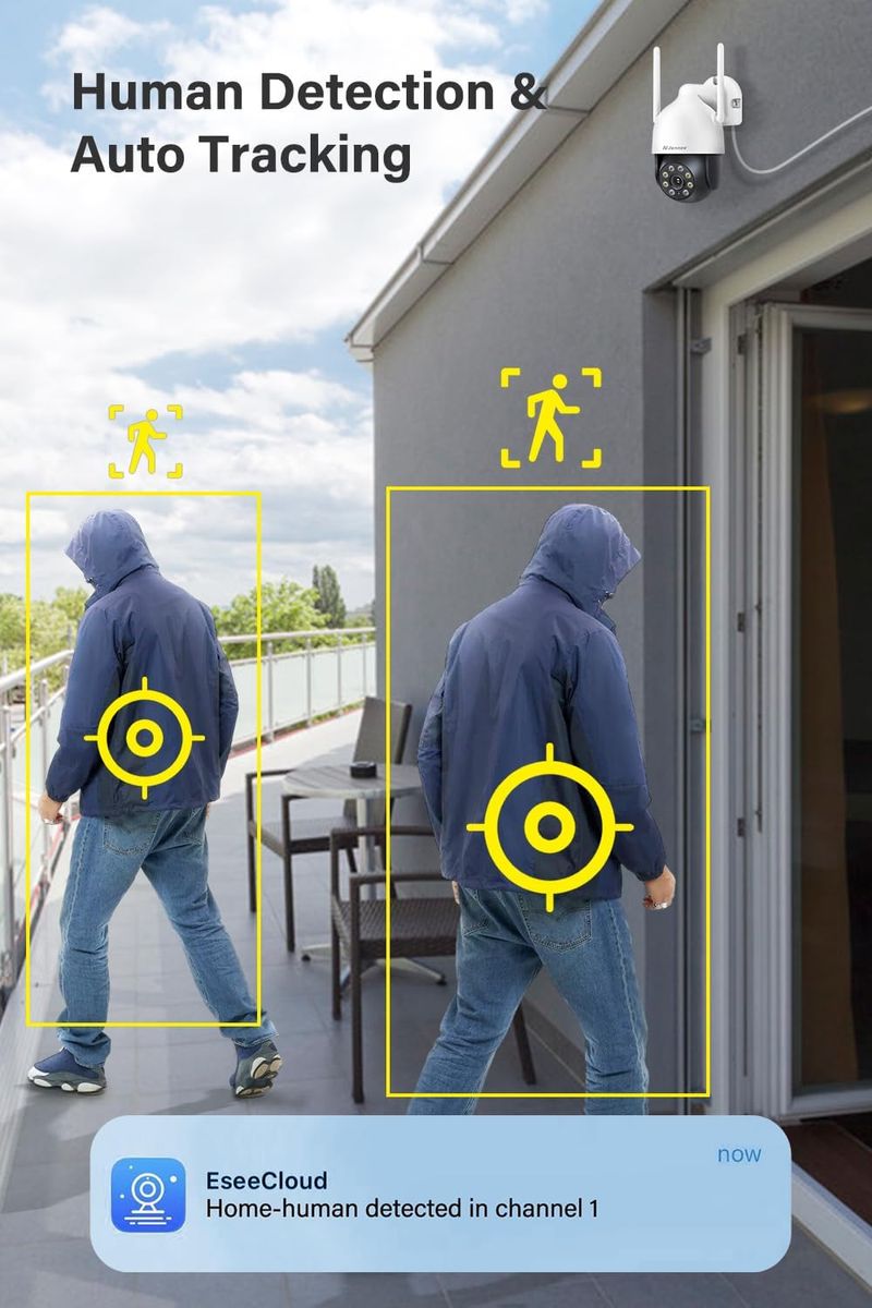 Jennov JK7059 4 Kameras 5MP 360° PTZ Außen-Überwachungskamera-Set, 10-Zoll-Monitor, 10CH Wireless NVR, 2-Wege-Audio, Spotlight-Alarm, Farb-Nachtsicht, 1TB HDD