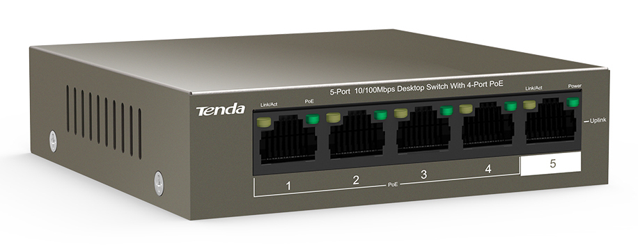 Tenda TEF1105-4-63W Unmanaged Fast Ethernet Switch, 5 Ports (4x PoE 15,4 W), 58 W PoE Gesamtleistung, Desktop-/Wandmontage, Grau
