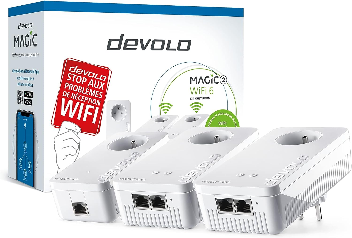 devolo Magic 2 WiFi 6 (ax) Multiroom-Kit: 3 PLC-WLAN-Adapter, Gigogne-Stecker (2400 Mbit/s, Mesh, 5 Gigabit-Ethernet-Ports), ideal für Telearbeit und Streaming, französischer Stecker