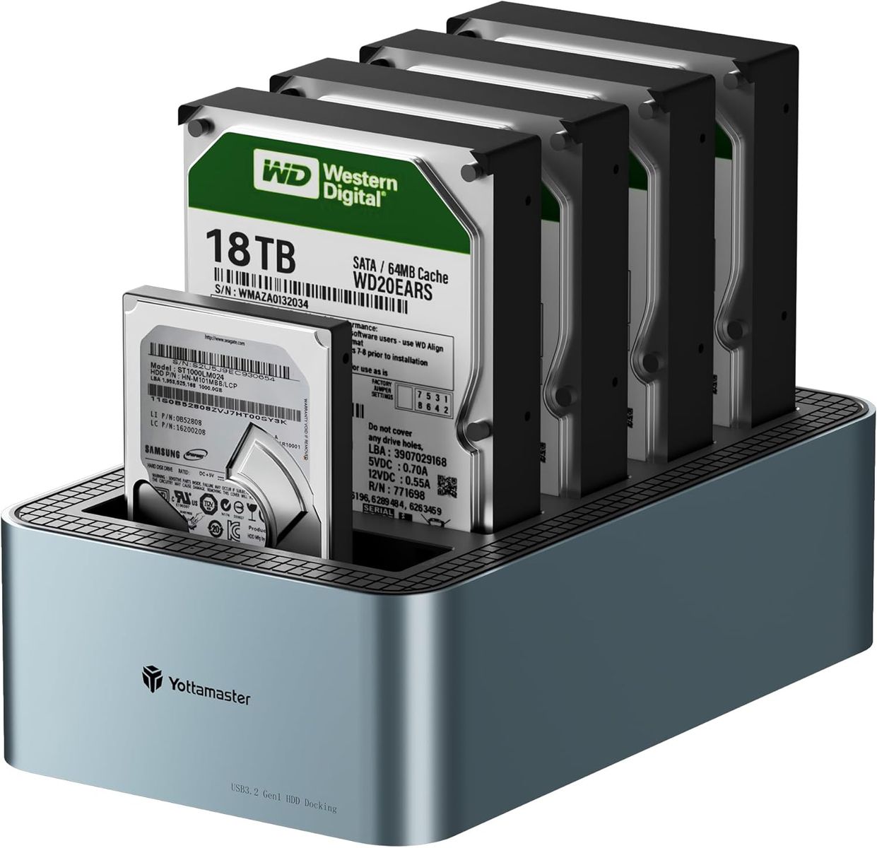 Yottamaster 5 Bay Festplatten-Dockingstation, Offline-Klonen, USB 3.2 Gen1 (5 Gbit/s) Typ-C, SATA SSD/HDD 2,5/3,5 Zoll, bis 5×18TB, Aluminium, inkl. 12V 6,5A Netzteil (EU)