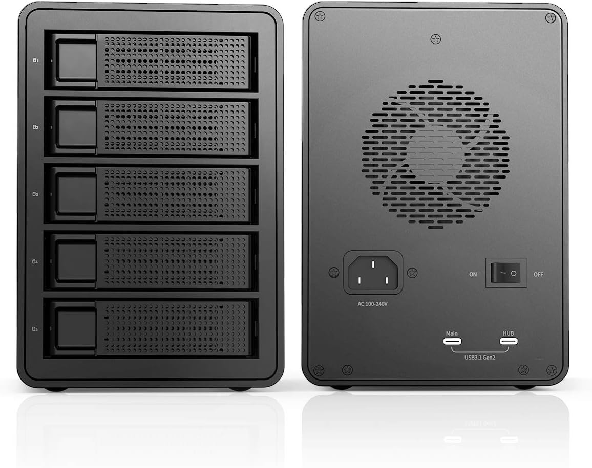 ORICO 3559C3-BK 5-Bay Festplattengehäuse, Aluminium, USB-C 10 Gbps (USB3.1 Gen2), für 2,5/3,5 Zoll HDD & SSD, Daisy-Chain, 150W Netzteil