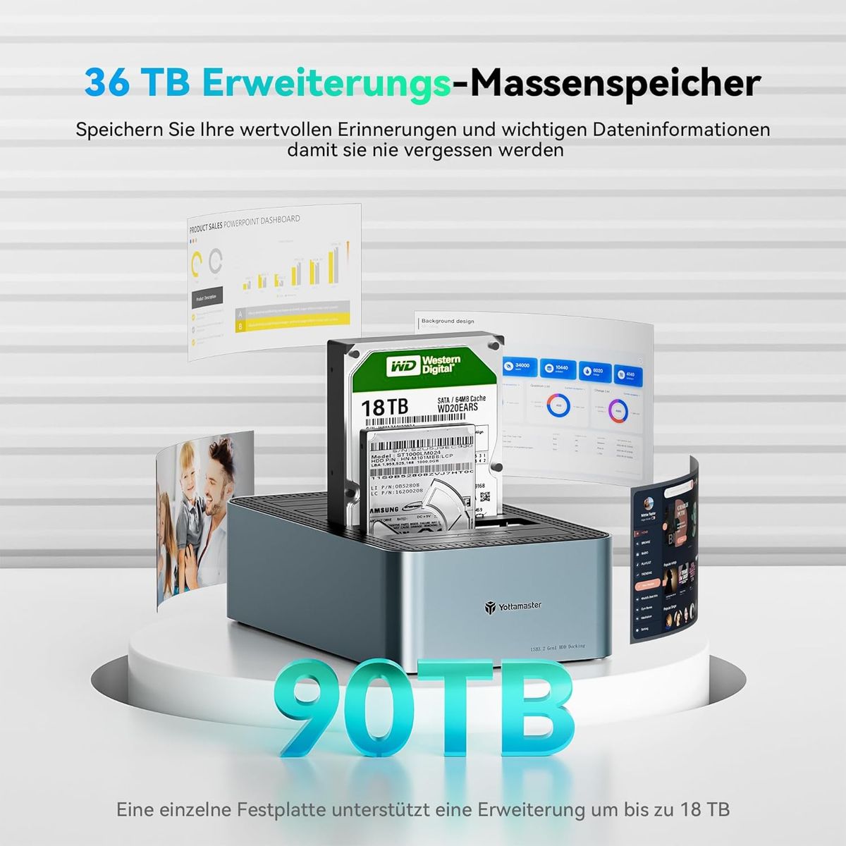 Yottamaster 5 Bay Festplatten-Dockingstation, Offline-Klonen, USB 3.2 Gen1 (5 Gbit/s) Typ-C, SATA SSD/HDD 2,5/3,5 Zoll, bis 5×18TB, Aluminium, inkl. 12V 6,5A Netzteil (EU)
