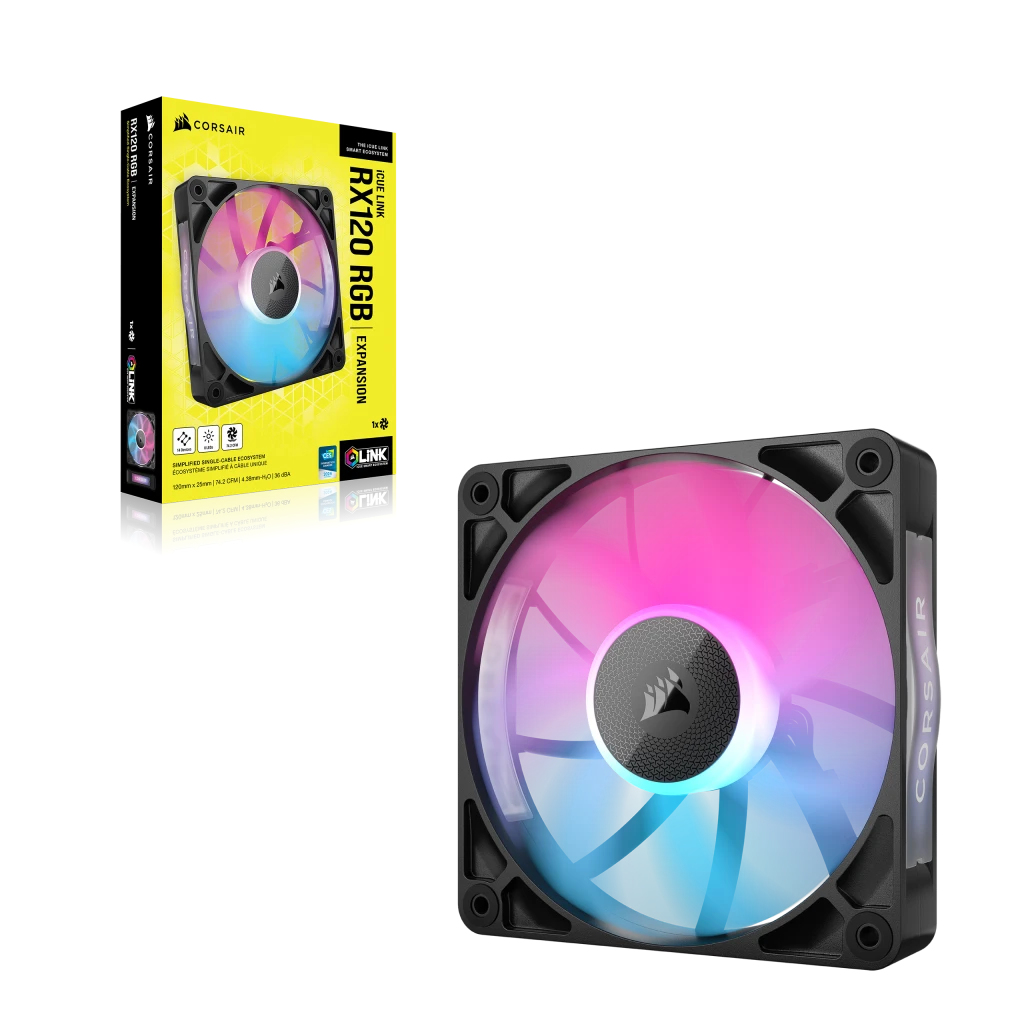 Corsair iCUE LINK RX120 RGB Gehäuselüfter 120 mm, 2100 RPM, PWM, Magnetisches Schwebelager, RGB-Beleuchtung, Schwarz, 1 Stück