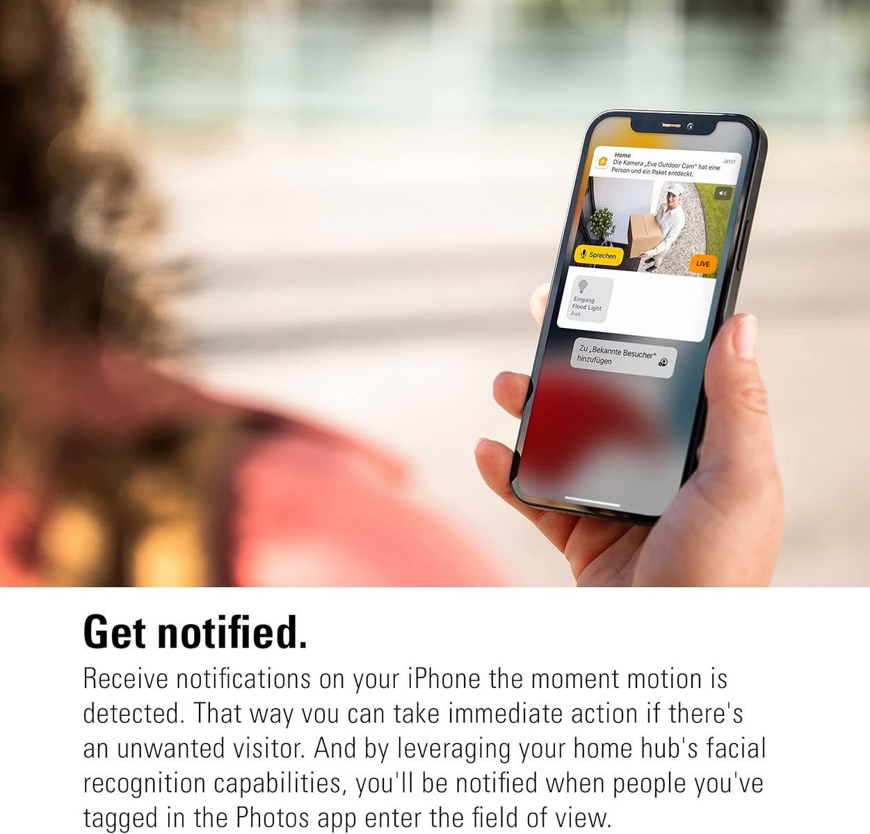 Eve Outdoor Cam Outdoor-Flutlichtkamera, HomeKit Secure Video, 1080p HD, Nachtsicht, 157° Sichtfeld, Bewegungssensor, Zwei-Wege-Audio, WLAN 2,4 GHz, Wandmontage