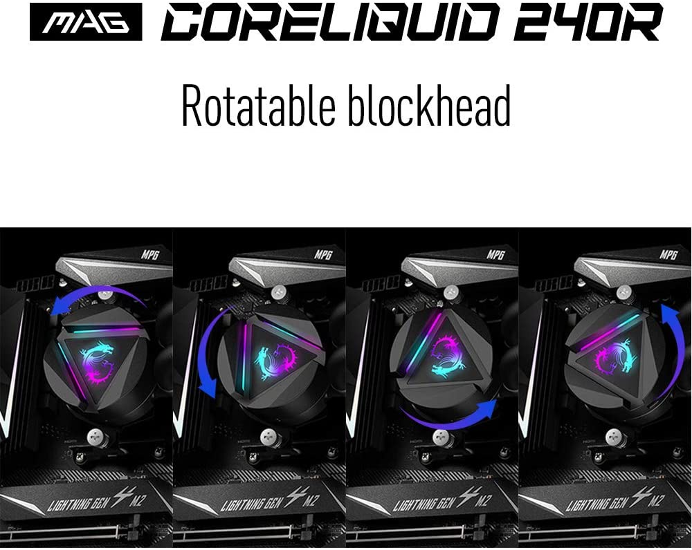 MSI MAG CORELIQUID 240R AIO CPU Wasserkühlung, drehbarer ARGB-Blockkopf, integrierte Kühlerpumpe, Split-Flow-Wasserkühlung, verdampfungssichere Schläuche, einfache Montage, AMD & Intel kompatibel 240 mm / 2 Lüfter R-Series