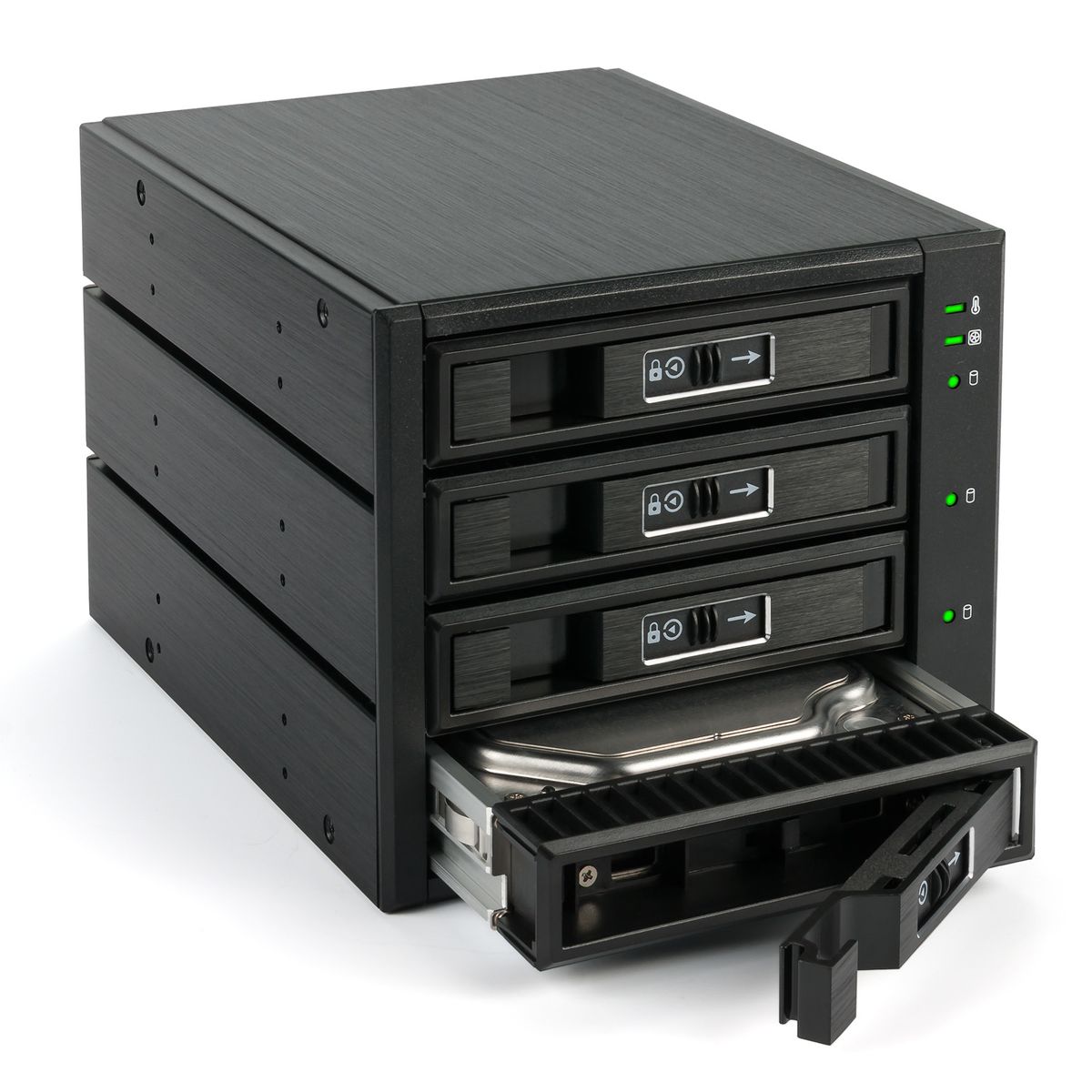 FANTEC 2192 BP-T3141 SAS I,II + SATA I,II,III backplane for 4X 3.5/2.5 HDD/SSD in a 3X 5.25 bay. With a 80mm fan at the back. Aluminum case and front in black.