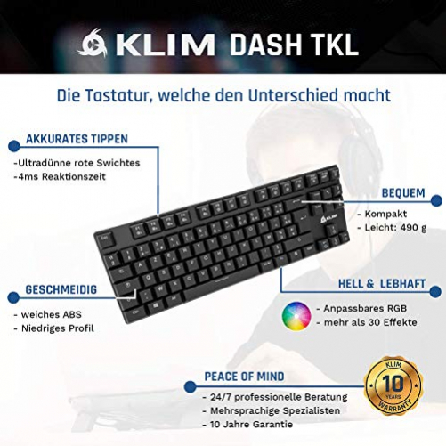 KLIM Dash TKL Mechanische Tastatur mit RGB-Beleuchtung (DEU Layout - QWERTZ)