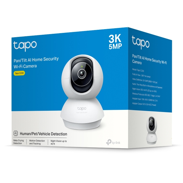 TP-Link Tapo C230 Indoor Sicherheitskamera Glühbirne, WLAN, Nachtsicht, 5 MP 2880x1620, Schwenk/Neige 340°, Tisch/Bank, Weiß, V1.0, EU