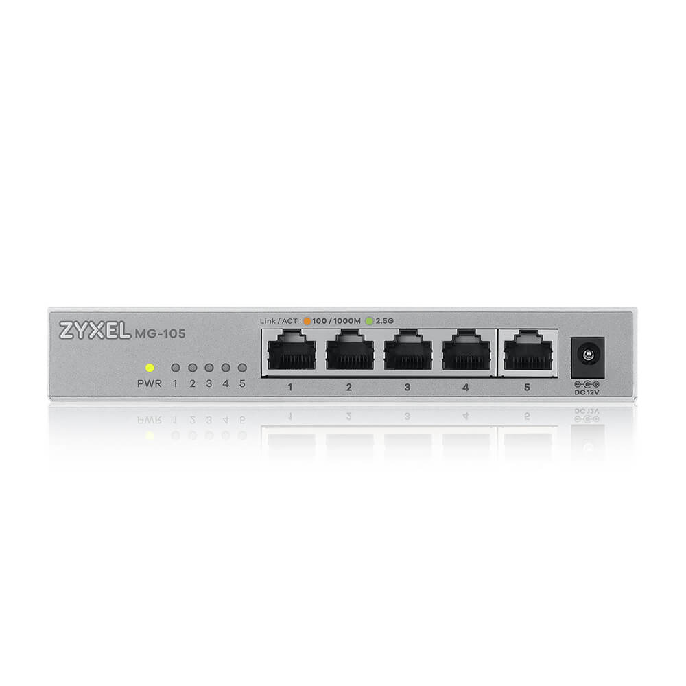 Zyxel XMG-105 Unmanaged 5-Port 2.5G Ethernet Switch, 25 Gbit/s Switching-Kapazität, AC-Netzteil, Grau