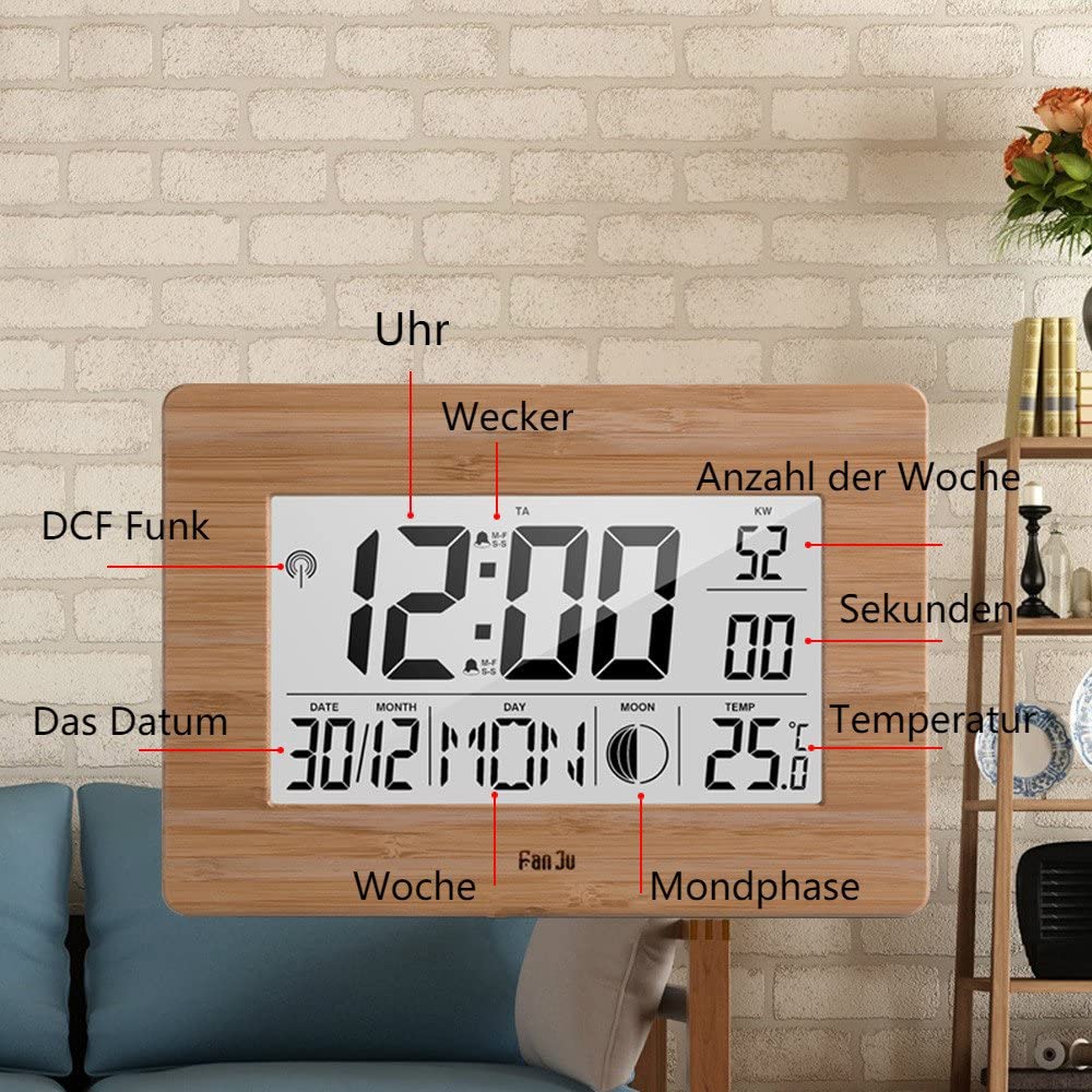 FanJu FJ3530 Digital Wecker Funk Batteriebetriebener Groß Tischuhr mit Extra Großem Display | Innentemperatur | Mondphase | Schlummerfunktion | Calendar Wecker für Zu Hause.