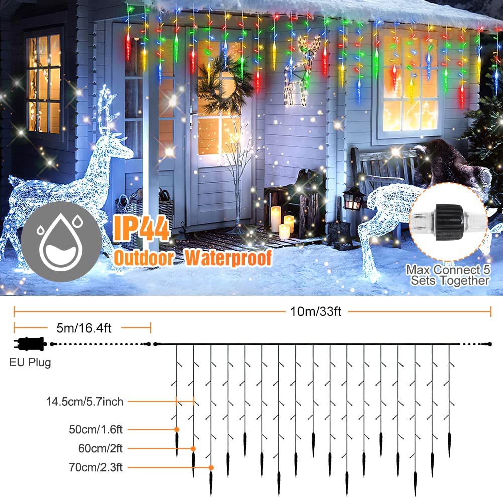 Auniq Eisregen Lichterkette Außen 5M 216 LED Eisregen Lichtervorhang Weihnachtsbeleuchtung IP44 Wasserdicht 8 Modi Eiszapfen Lichterkette 36 Tropfen 5m langem Kabel für Balkon Fenster Traufe Mehrfarbig
