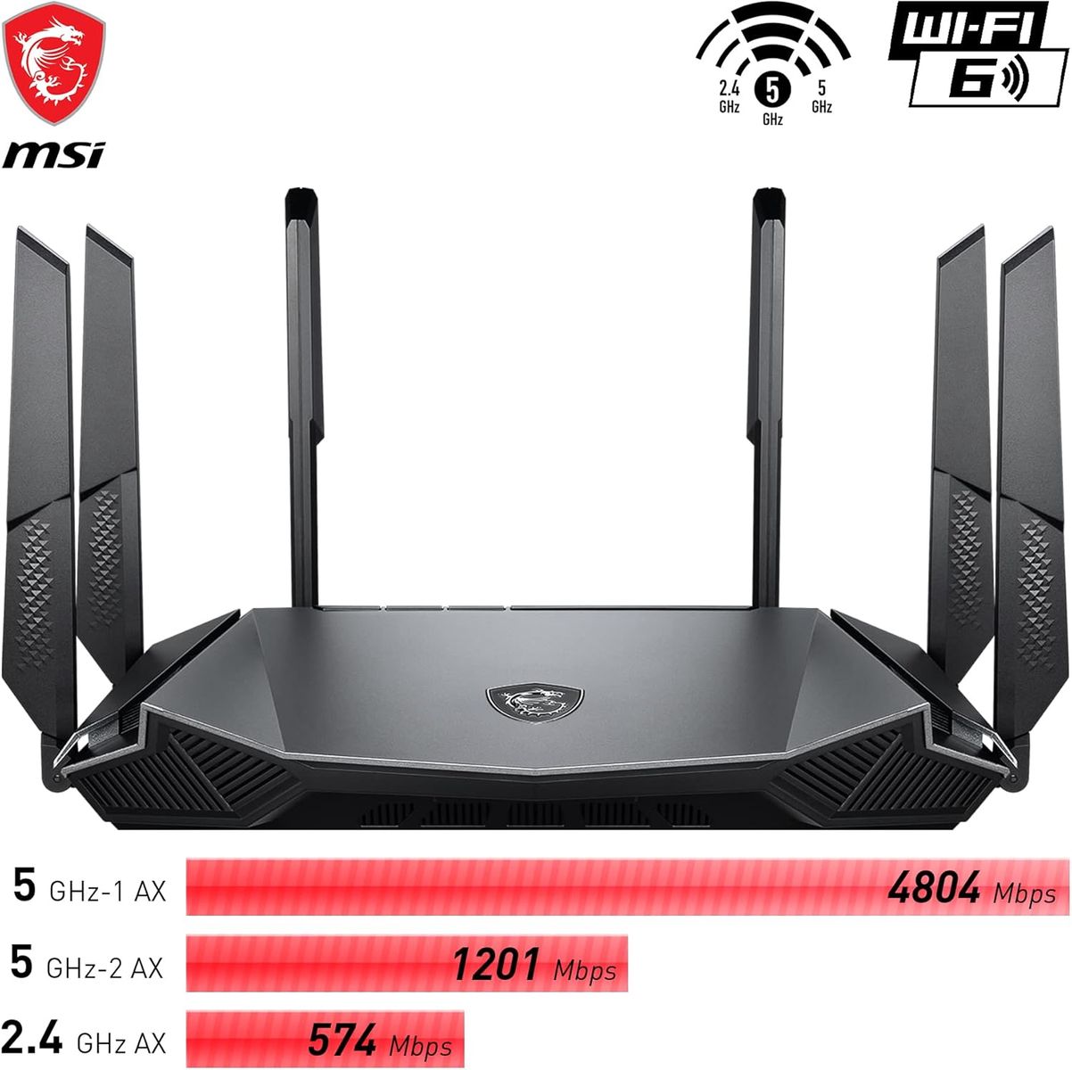 MSI GRAX66 RadiX AX6600 Tri-Band WiFi 6 Gaming Router, AX6600 6600 Mbit/s, 2.5G WAN/LAN, 4x 1G LAN, USB 3.0, AI QoS, MU-MIMO, WPA3, EU