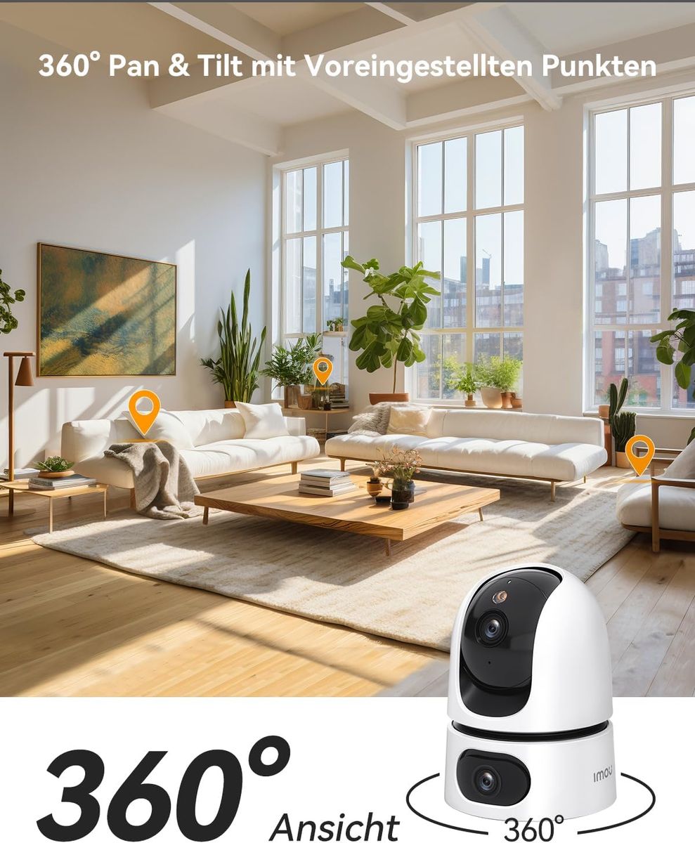 Imou IPC-S2XP-8M0WED Dual-Objektiv Indoor Überwachungskamera, 3K+5MP, 360° PTZ, Farbnachtsicht, Person-/Haustiererkennung, Auto-Tracking, 2-Wege-Audio
