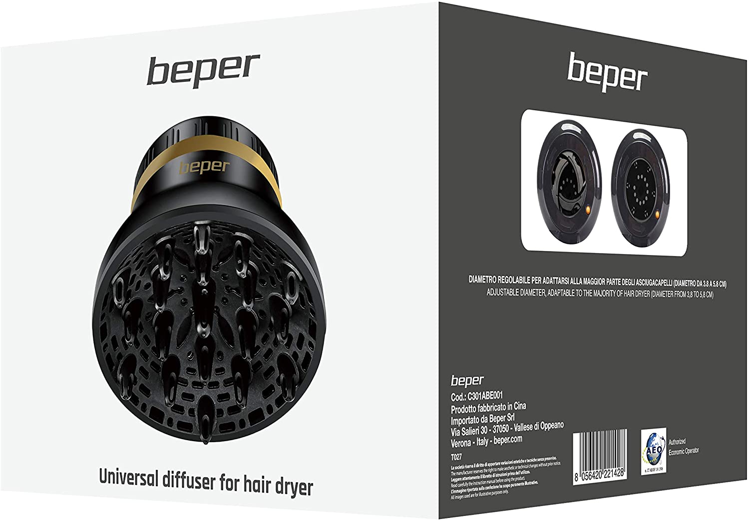 BEPER C301ABE001 Universal diffuser for curly and curly hair, without curly hair, suitable for all hair dryers, black.