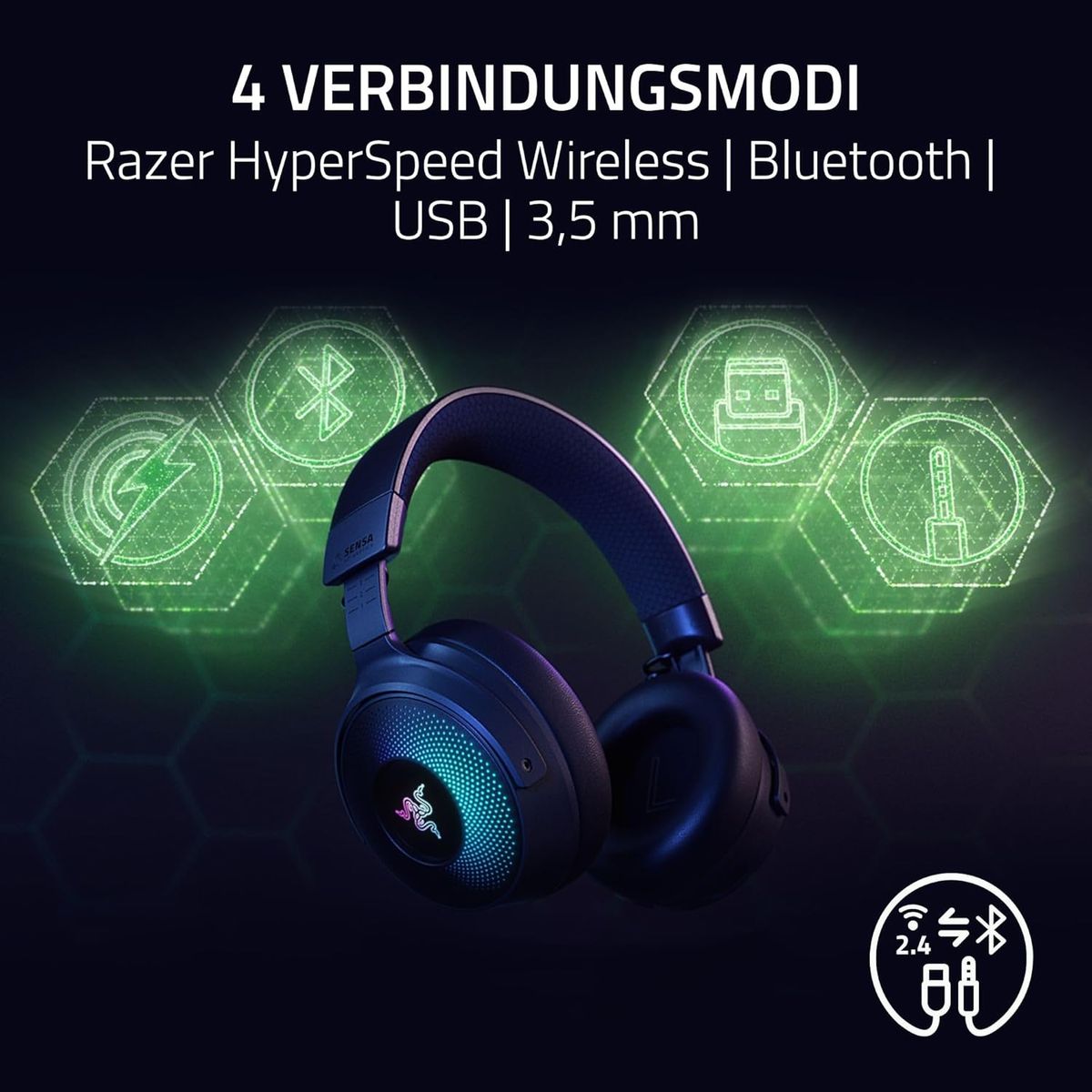 Razer Kraken V4 Pro - Kabelloses Gaming-Headset mit Control Hub Sensa HD-Haptik (OLED-Control-Hub, Triforce 40mm Treiber, HyperSpeed & Bluetooth, THX Spatial Audio, RGB) Schwarz