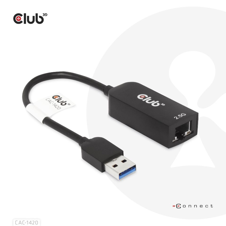 Club 3D USB 3.2 Gen1 Adapter Typ-A zu 2, 5 Gigabit Ethernet ST./BU. schwarz, CAC-1420