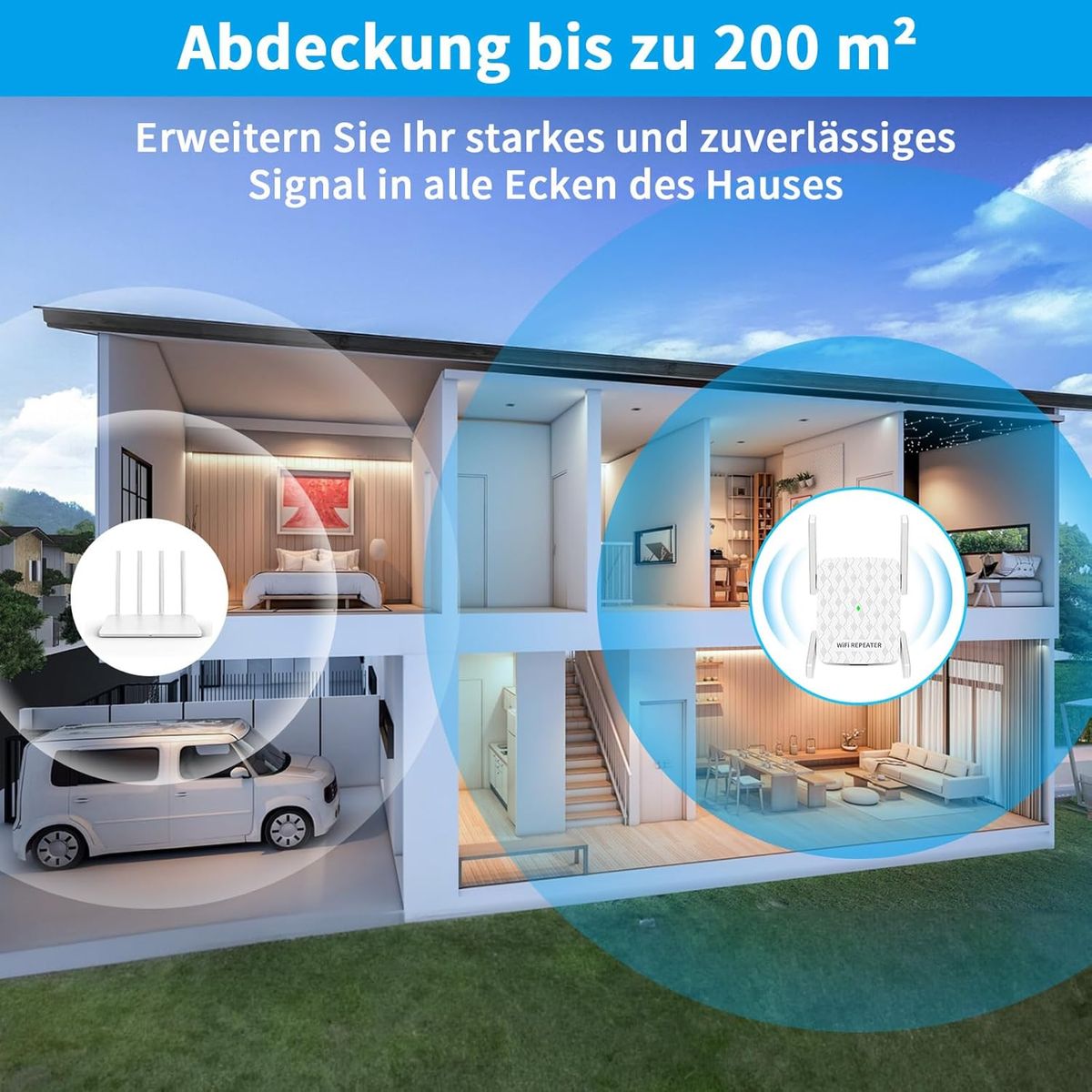 Cinamon Cinamon WLAN Repeater 300 Mbit/s 2,4 GHz, WLAN-Extender mit Ethernet, Abdeckung bis 200 m², 4 Antennen, WPS, Weiß