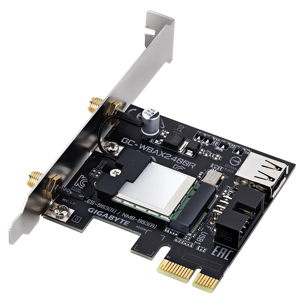 Gigabyte GC-WBAX2400R PCIe WLAN & Bluetooth-Karte für PC, Wi‑Fi 6E (802.11ax) Tri-Band 2,4/5/6 GHz, Bluetooth 5.3, 2400 Mbit/s