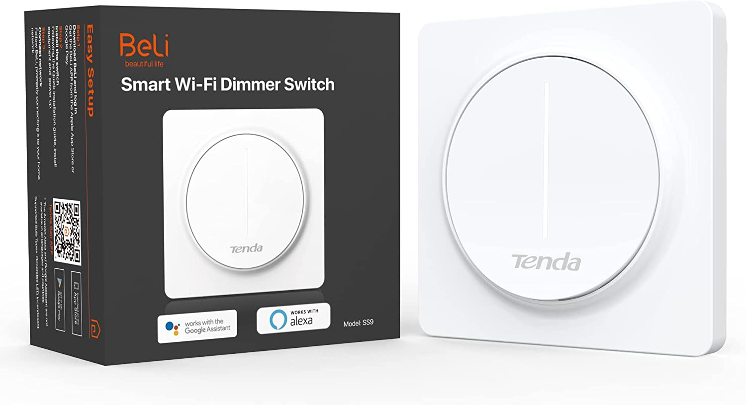 Tenda SS9 Smart Dimmer Lichtschalter- Intelligenter WLAN Lichtschalter mit Touch Panel and Timer, APP/Voice Control, kompatible mit Alexa and Google, Wandschalter, einpolig, benötigt Neutralleiter SS9 dimmbar