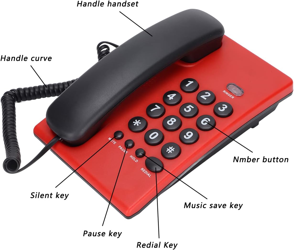 Fdit Schnurgebundenes Tischtelefon, Mehrfarbiges Festnetztelefon mit Zwei Magnetischen Hörern, Telefon mit Großen Tasten für das Home-Office-Hotel, Einschließlich Pause/Stummschaltung /(rot)