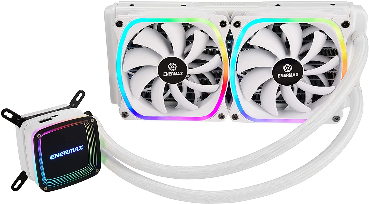 ENERMAX AQUAFUSION Snow Edition Adressierbare SquA RGB 240 All-In-One CPU Wasserkühler Dual Chamber Intel/AMD AM4 Support 350W+ TDP (2x 12cm SquA White RGB PWM Lüfter); ELC-AQF240-SQA-W weiss Weiß 240mm Aquafusion