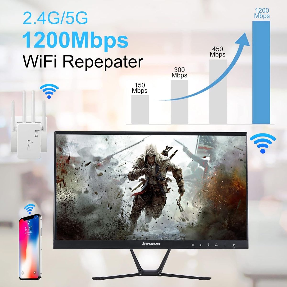 Glxertvz WLAN Repeater WLAN Verstärker 1200Mbit/s Dualband 2,4GHz+5GHz WiFi Booster mit Repeater/Router/Access Point Modus,4 Antenne,Einfache Einrichtung,WiFi Range Extender Mit LAN/WAN Port MM