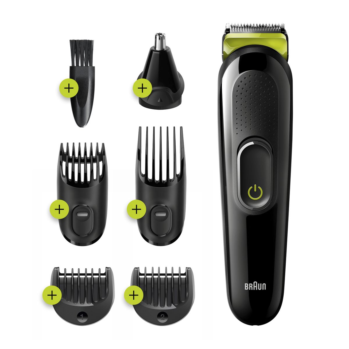 Braun beard trimmer/hair clipper men, trimmer/hair clipper & shaver, 6-in-1 set for beard, face, head hair, ears and nose, MGK3221, black/green Black/Green Single