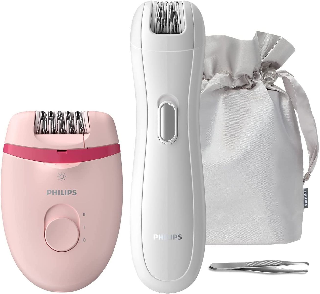 Philips Satinelle Essential epilator set BRP531/00 - Smooth skin for weeks, 2 speed settings, mini epilator for sensitive areas, tweezers for fine corrections, pink/white.