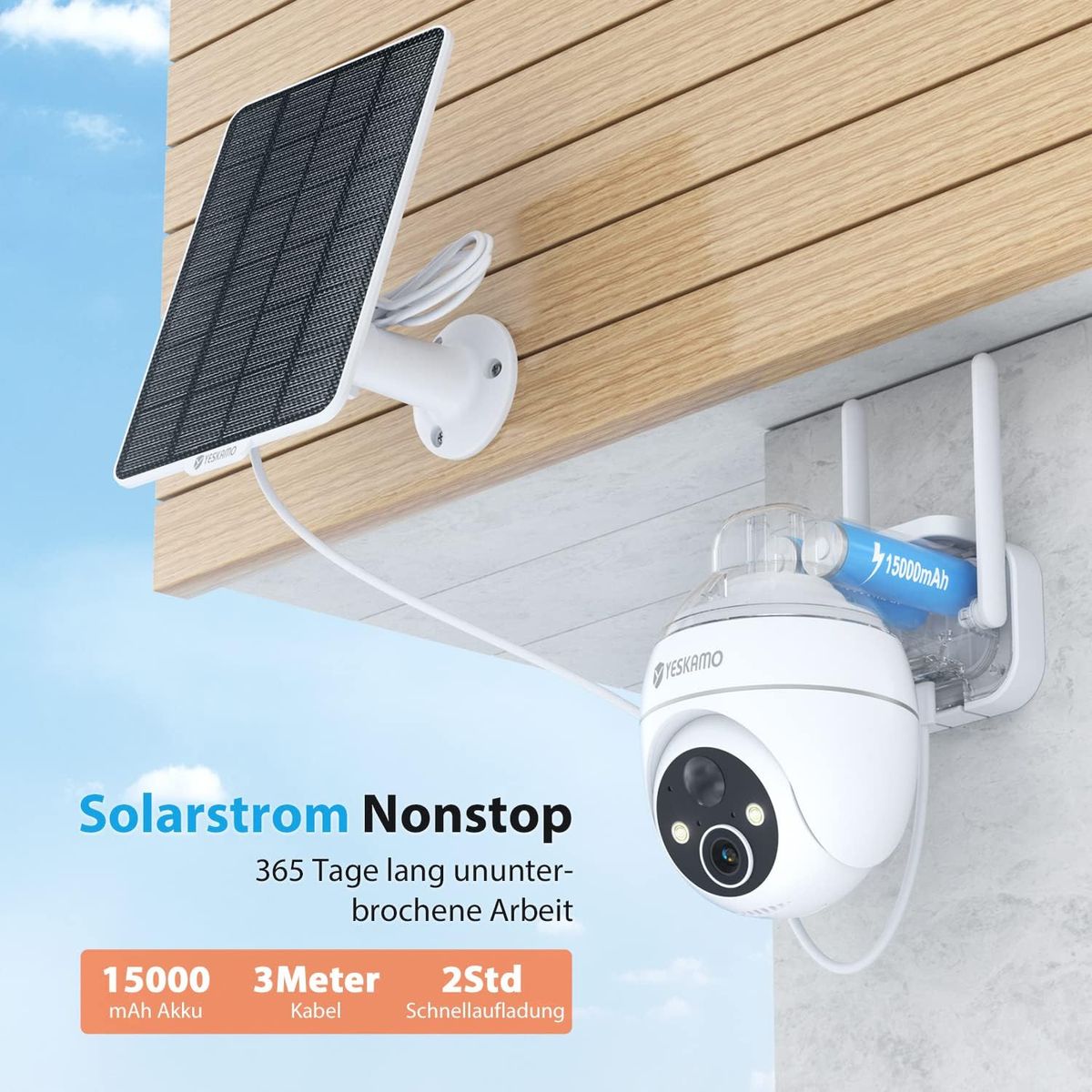 YESKAMO 360° Wireless Outdoor Solar PTZ IP Camera PIR Motion Detection Night Vision Colour Waterproof IP65 Two-Way Audio Alarm Siren