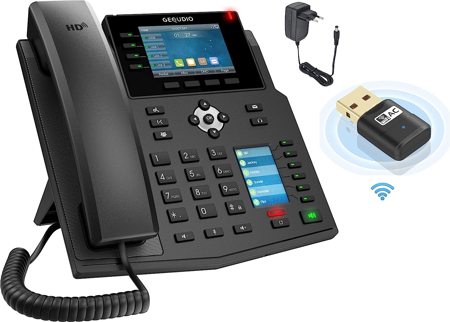 GEQUDIO IP Telefon GX5+ inklusive Netzteil, USB WLAN Stick - Fritzbox, Telekom kompatibel - Premium Freisprechen - Anweisungen für FritzBox, Sipgate, Telekom Digitalisierungsbox, Speedport Single