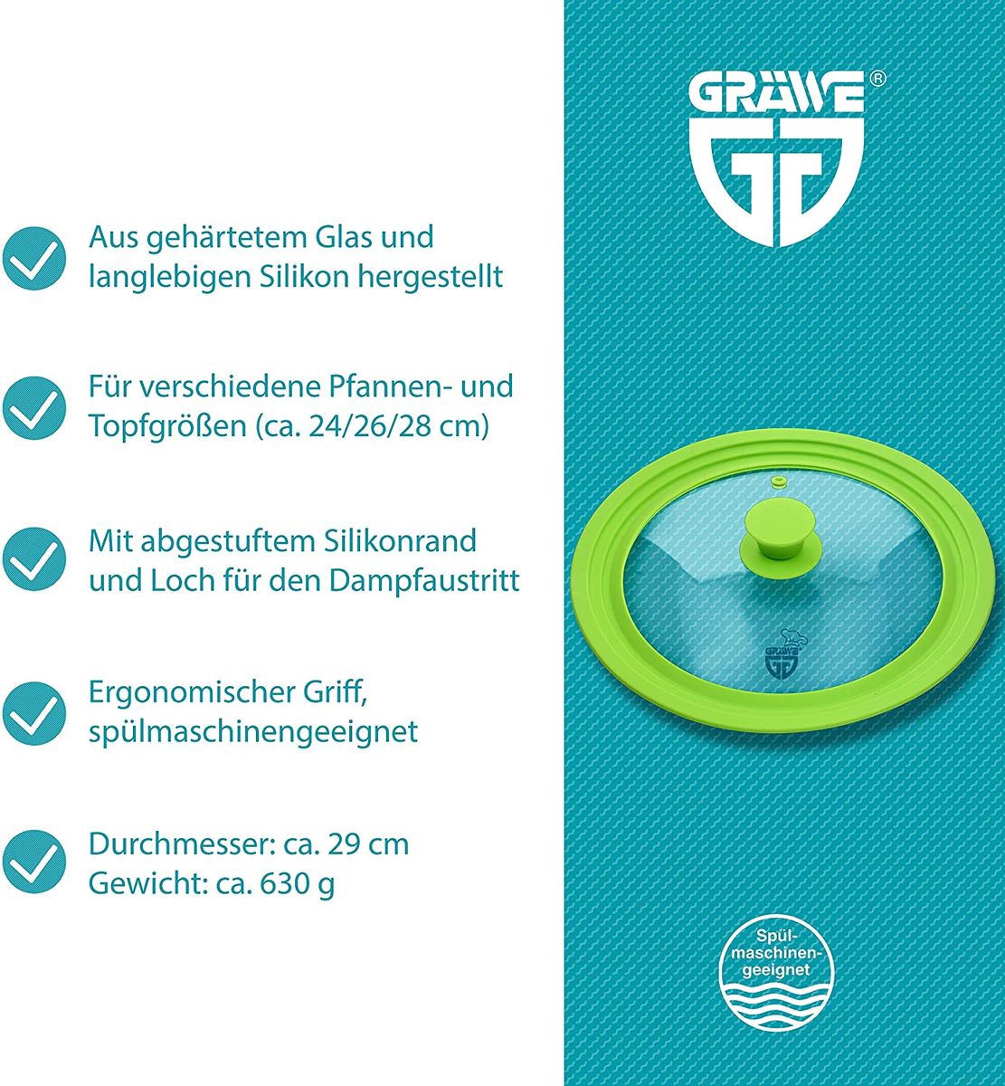 GRAWE universal lid for pans & pots Ø 24-28 cm, tempered glass lid with silicone rim, dishwasher safe - Green 24-28 cm Green