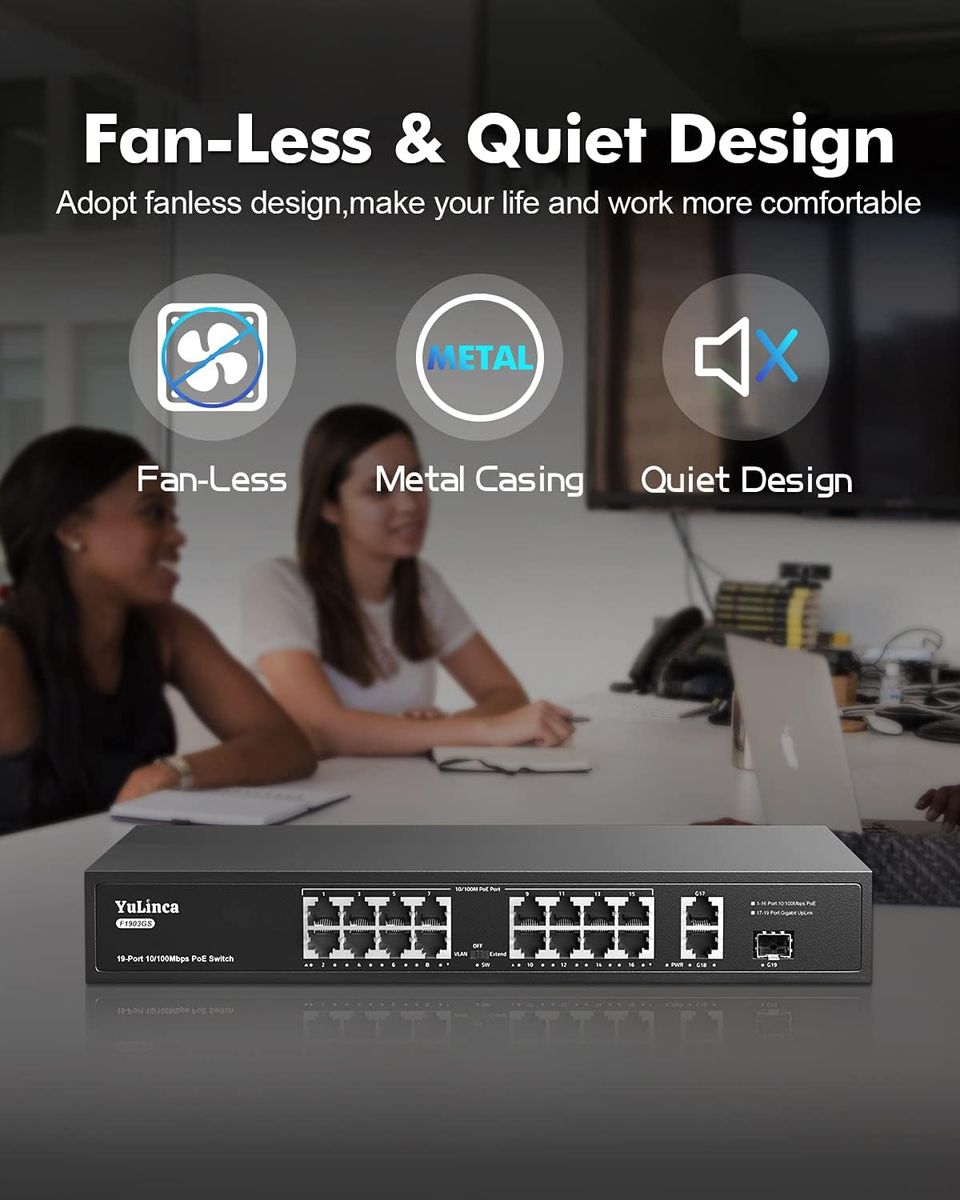 YuLinca 19 Port PoE Switch, IEEE802.3af/at, Max 200W, Port-based VLAN, 250m PoE Extend, RackMount Fanless Unmanaged Ethernet Switch 19 Port | 200W