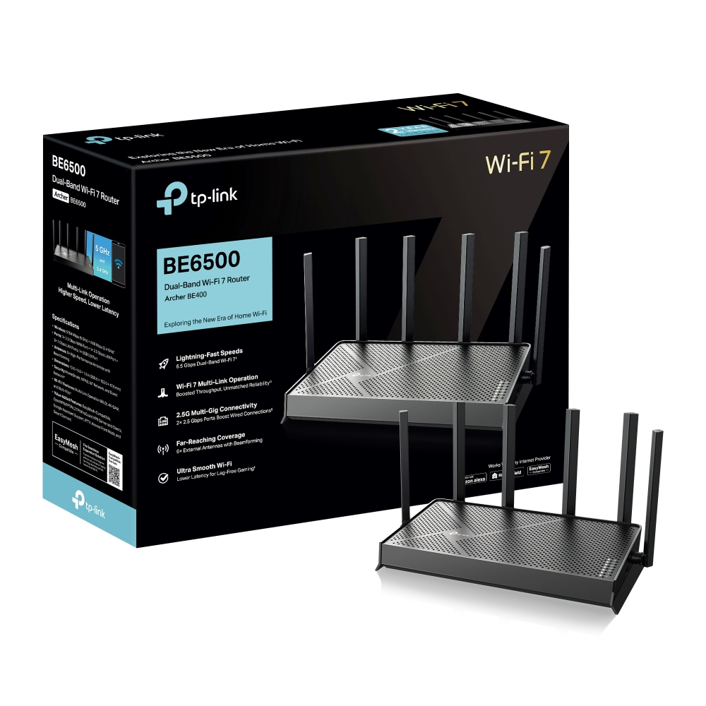 TP-Link Archer BE400 WLAN-Router Wi-Fi 7 Dual-Band 5764 Mbit/s 2.5G Ethernet 4x LAN USB 3.2 Gen1 Schwarz EU V1.0