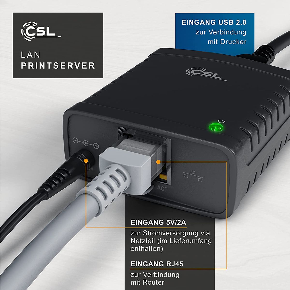 CSL LAN Printserver Druckerserver - Fast Ethernet - USB2.0 High Speed - LRP Print Server für Windows – Netzwerk USB zu RJ45 - DHCP fähig, TCP/IP – inkl. Netzteil und Ethernetkabel – Neues Modell