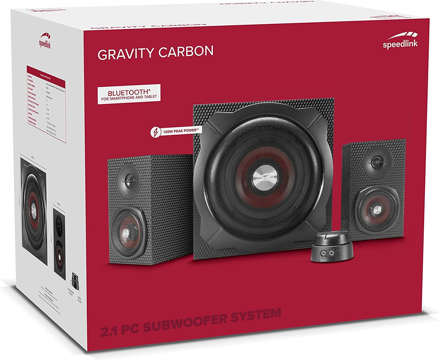 Speedlink GRAVITY CARBON 2.1 Subwoofer Lautsprechersystem 120W Peak-Power Bluetooth-Verbindung für Smartphone/Tablet