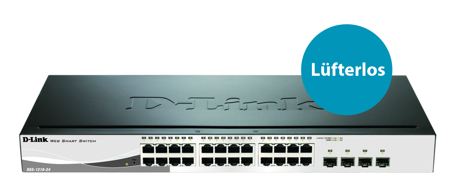 D-Link DGS-1210-24/E Managed L2 Gigabit Switch 24x 10/100/1000, 4x Combo SFP, 1U Rack, Schwarz, Non-PoE