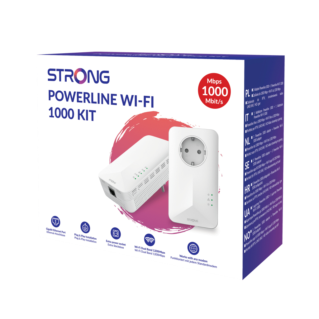 STRONG POWERL1000WFDUOEUV2 Powerline Adapter 1000 Mbit/s (HomePlug AV2) mit WLAN Wi‑Fi 5, Gigabit Ethernet, Eingebaute Steckdose, 2er-Pack, Weiß