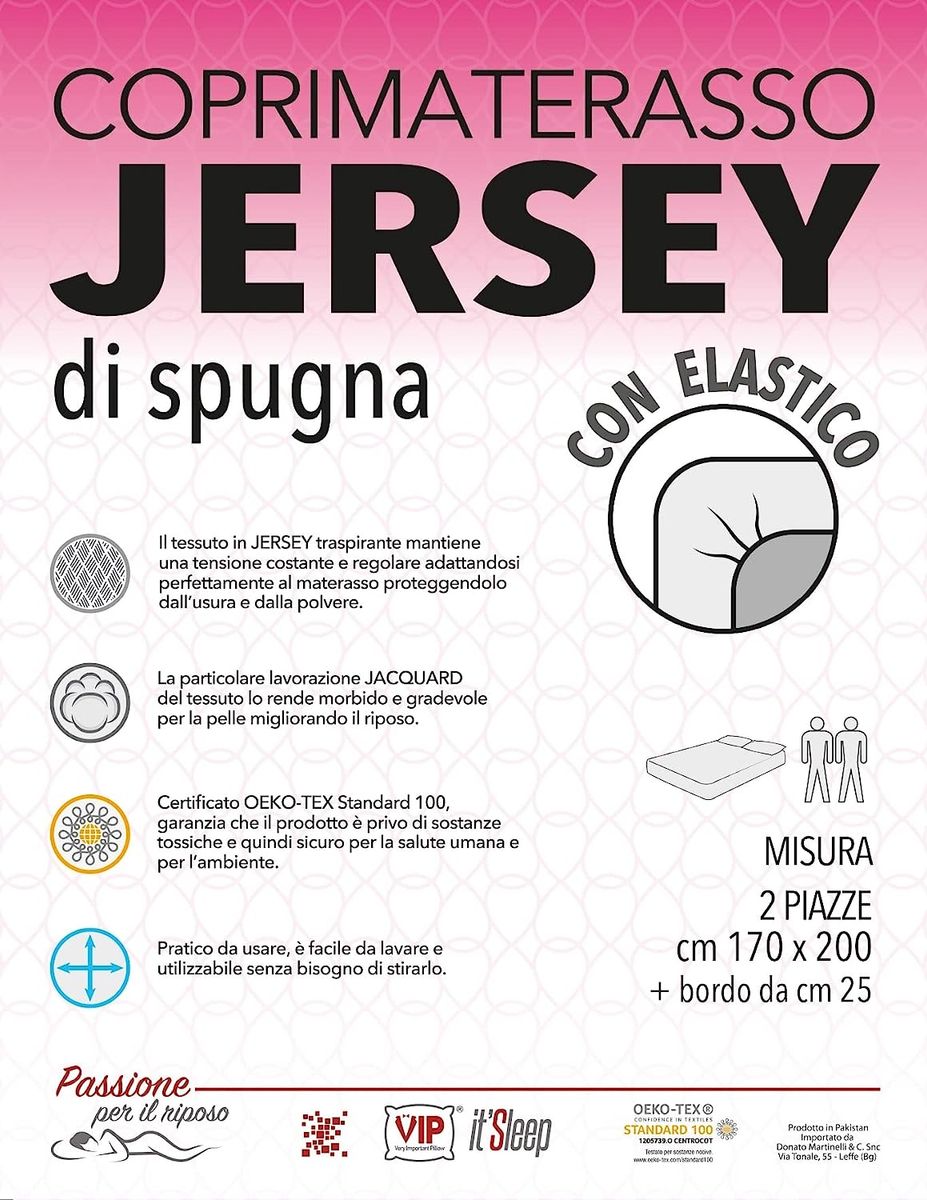 V.I.P. VERY IMPORTANT PILLOW Matratzenschoner aus Jersey, elastisch, atmungsaktiv, elastisch, für Doppelbett 170 x 200 cm, 25 cm 170 x 200 Matrimoniale